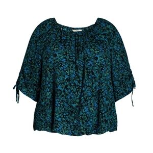 Terra & Sky  NWT Plus Size Square Neck Ruched Teal Floral Blouse 925